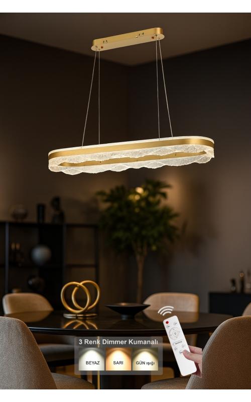 Avizemoda Estilo 100x30 cm Dim Kumandalı 3 Renk Ledli (Sarı-Beyaz-Gün Işığı) Modern Akrilik Avize -Sarı Yaldız