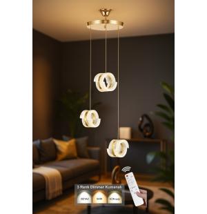 Avizemoda Savona 3 lü Sarkıt Dimmer Kumandalı 3 Renk Ledli (Sarı-Beyaz-Gün Işığı) Modern Akrilik Avize -Gold