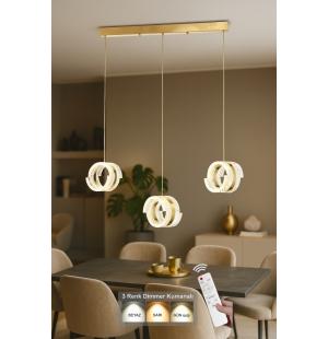 Avizemoda Savona 3 lü Yemek Masası Üstü Dim Kumandalı 3 Renk Ledli (Sarı-Beyaz-Gün Işığı) Akrilik Avize -Gold