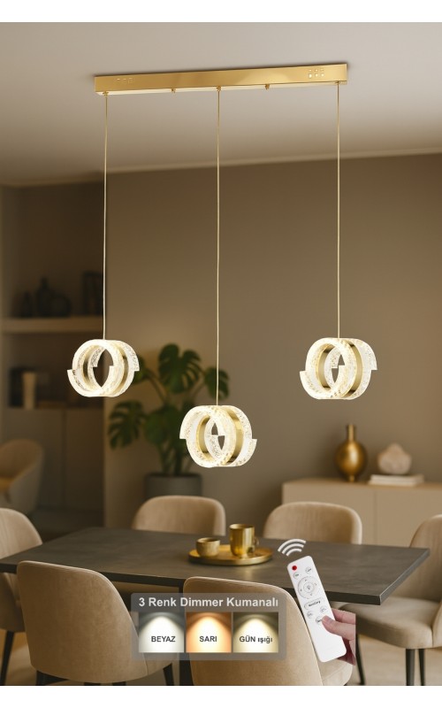 Avizemoda Savona 3 lü Yemek Masası Üstü Dim Kumandalı 3 Renk Ledli (Sarı-Beyaz-Gün Işığı) Akrilik Avize -Gold