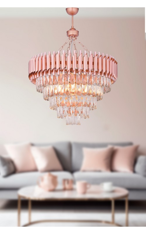 Avizemoda Palmira 60 cm'lik Kristal Taşlı Salon Oturma Odası Lüks Avize - (Rose Gold)