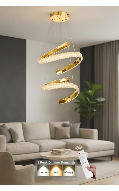 Avizemoda Milly 50+40 cm Dimmer Kumandalı 3 Renk Ledli (Sarı-Beyaz-Gün Işığı) Modern Akrilik Avize -Gold