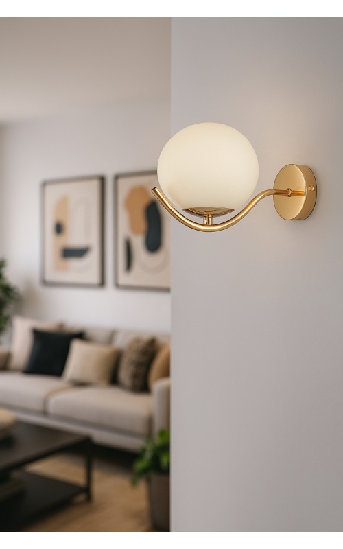 Avizemoda Ranya Aplik Beyaz Camlı Salon Oturma Odası Modern Duvar Apliği (Gold Kaplama)