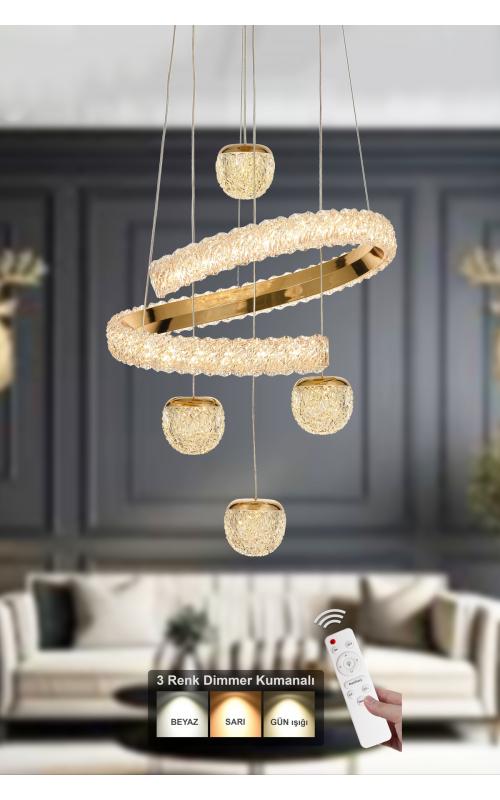 Avizemoda Milly 4'lü Dimmer Kumandalı 3 Renk Ledli (SARI-BEYAZ-GÜN IŞIĞI) Modern Akrilik Avize -gold