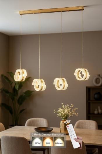 Avizemoda Savona 4 lü Yemek Masası Üstü Dim Kumandalı 3 Renk Ledli (Sarı-Beyaz-Gün Işığı) Akrilik Avize -Gold