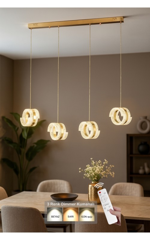 Avizemoda Savona 4 lü Yemek Masası Üstü Dim Kumandalı 3 Renk Ledli (Sarı-Beyaz-Gün Işığı) Akrilik Avize -Gold