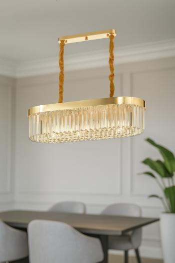Avizemoda Desina 70x30'luk Kristal Taşlı Lüks Yemek Masası Üstü Avize - GOLD Kaplama