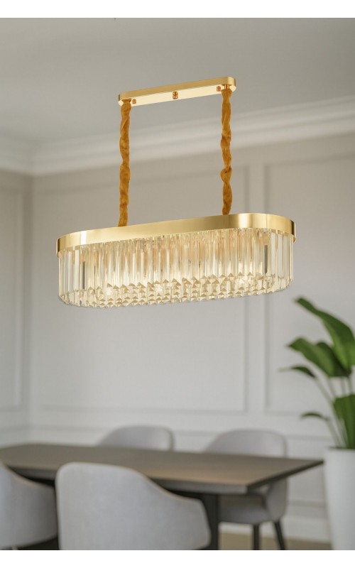 Avizemoda Desina 70x30'luk Kristal Taşlı Lüks Yemek Masası Üstü Avize - GOLD Kaplama