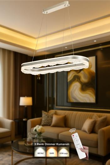 Avizemoda Estilo 100x30 cm Dimmer Kumandalı 3 Renk Ledli (Sarı-Beyaz-Gün Işığı) Modern Akrilik Avize -Gümüş