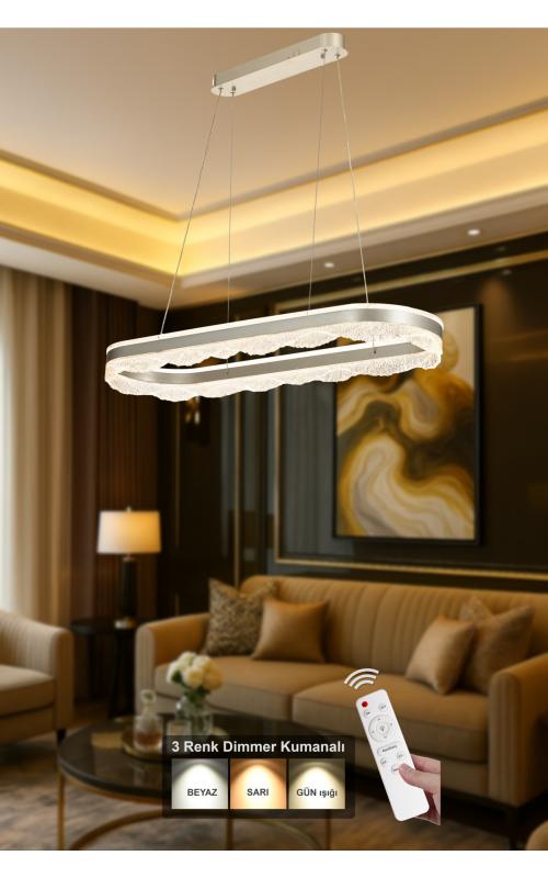 Avizemoda Estilo 100x30 cm Dimmer Kumandalı 3 Renk Ledli (Sarı-Beyaz-Gün Işığı) Modern Akrilik Avize -Gümüş