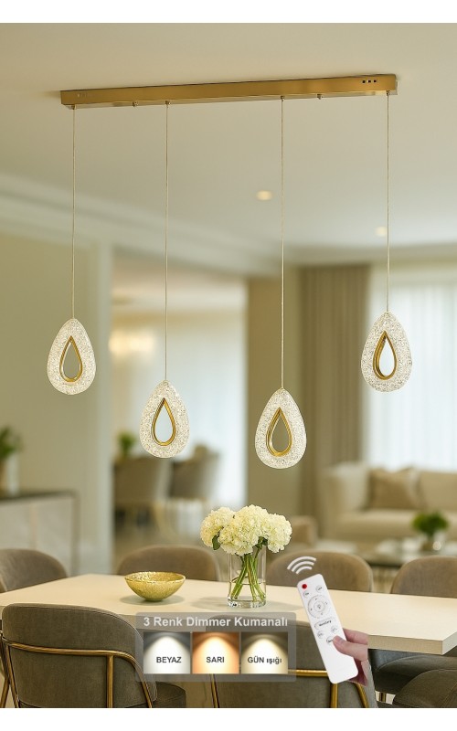 Avizemoda Dali 4'Lü Ledli Dim Kumandalı Modern Yemek Masası Üstü Avize (3 Renk Led; Sarı-Beyaz-Gün ışığı)-GOLD