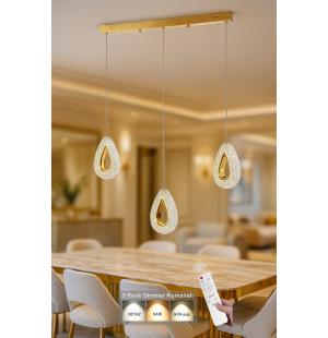 Avizemoda Dali 3'Lü Ledli Dim Kumandalı Modern Yemek Masası Üstü Avize (3 Renk Led; Sarı-Beyaz-Gün ışığı)-GOLD