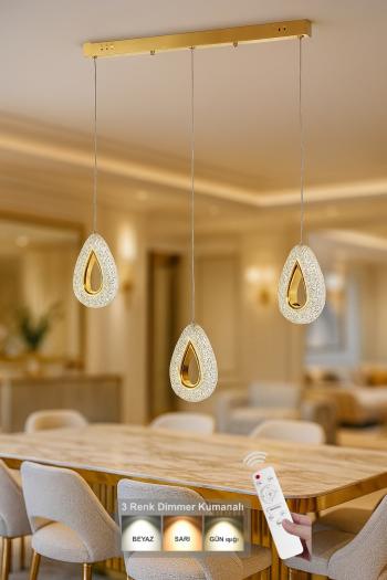 Avizemoda Dali 3'Lü Ledli Dim Kumandalı Modern Yemek Masası Üstü Avize (3 Renk Led; Sarı-Beyaz-Gün ışığı)-GOLD
