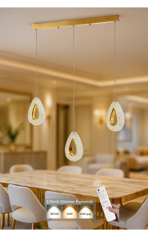 Avizemoda Dali 3'Lü Ledli Dim Kumandalı Modern Yemek Masası Üstü Avize (3 Renk Led; Sarı-Beyaz-Gün ışığı)-GOLD
