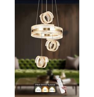 Avizemoda Savona 3 Lü Dimmer Kumandalı 3 Renk Ledli (SARI-BEYAZ-GÜN IŞIĞI) Modern Akrilik Avize -gold