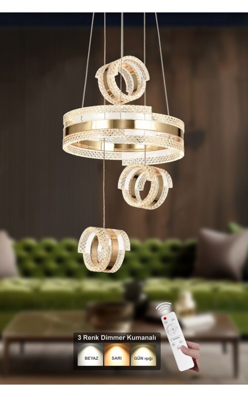 Avizemoda Savona 3 Lü Dimmer Kumandalı 3 Renk Ledli (SARI-BEYAZ-GÜN IŞIĞI) Modern Akrilik Avize -gold