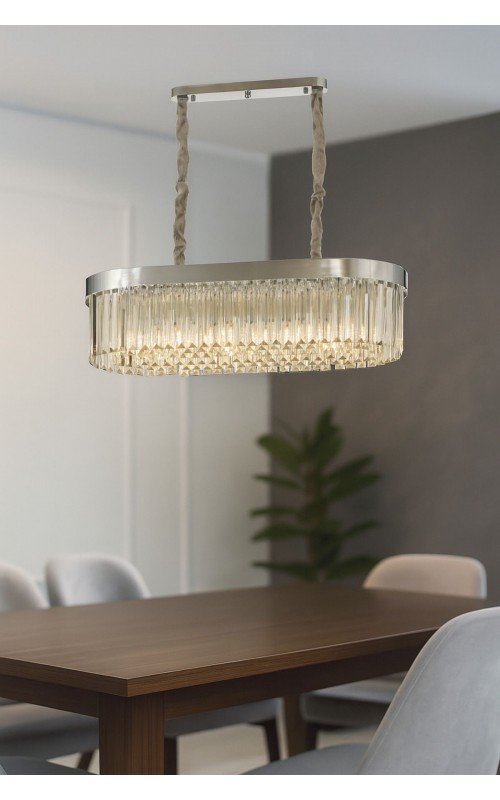 Avizemoda Desina 70x30'luk Kristal Taşlı Lüks Yemek Masası Üstü Avize - KROM Kaplama