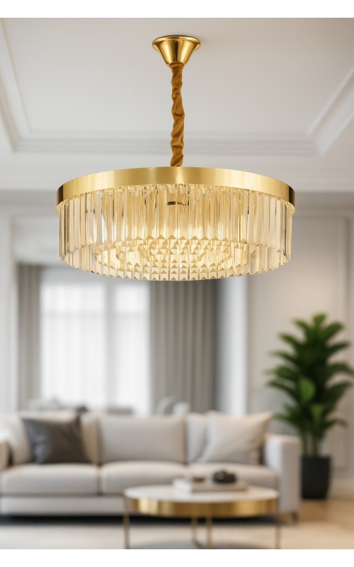 Avizemoda Desina 60 Cm'Lik Kristal Tabut Taşlı Salon Oturma Odası Lüks Avize - GOLD Kaplama