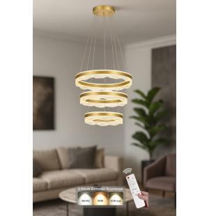 Avizemoda Estilo 3 Katlı Dim Kumandalı 3 Renk Ledli (Sarı-Beyaz-Gün Işığı) Modern Akrilik Avize - Sarı Yaldız