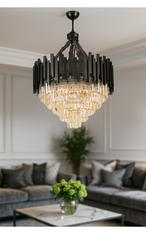 Avizemoda Sima 60 Cm'lik Kristal Cam Taşlı Lüks Avize - (Siyah Renk)