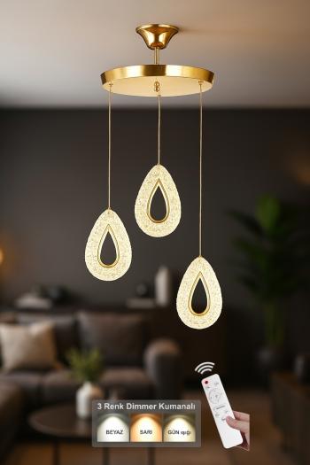Avizemoda Dali 3'Lü Ledli Dim Kumandalı Modern Akrilik Sarkıt Avize (3 Renk Led; Sarı-Beyaz-Gün ışığı) - GOLD