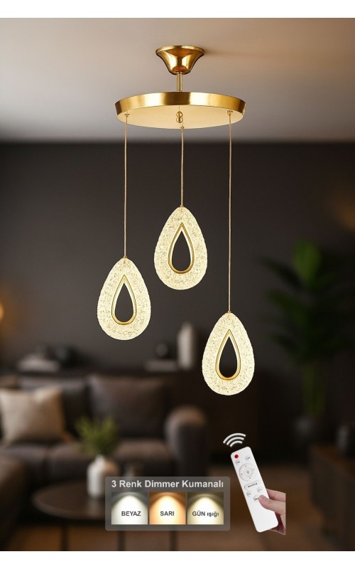 Avizemoda Dali 3'Lü Ledli Dim Kumandalı Modern Akrilik Sarkıt Avize (3 Renk Led; Sarı-Beyaz-Gün ışığı) - GOLD