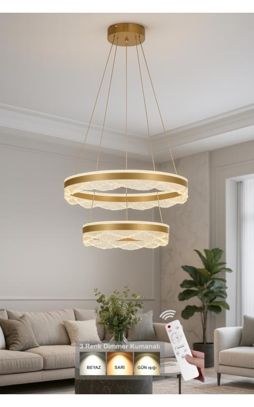 Avizemoda Estilo 2 Katlı Dim Kumandalı 3 Renk Ledli (Sarı-Beyaz-Gün Işığı) Modern Akrilik Avize -Sarı Yaldız
