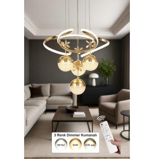 Avizemoda Felin 4'Lü Dimmer Kumandalı 3 Renk Ledli (Sarı-Beyaz-Gün Işığı) Modern Sarkıt Avize - Gold