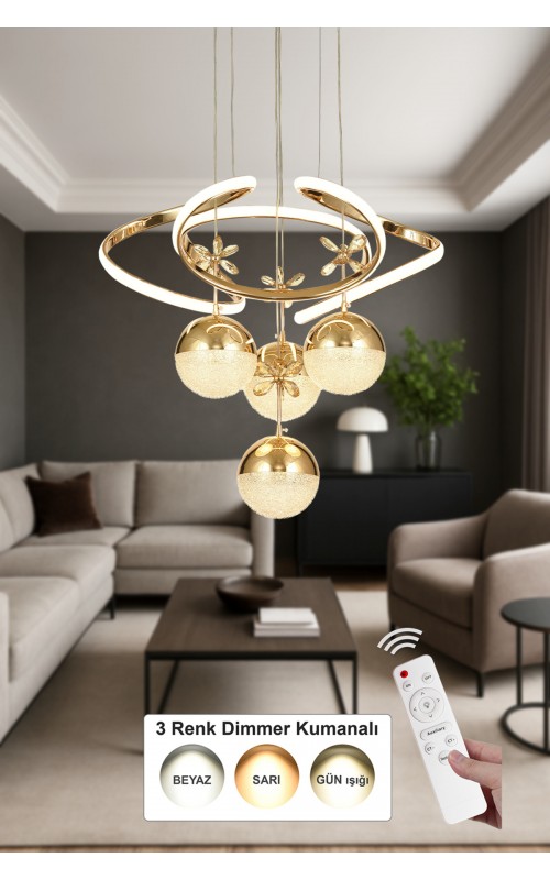 Avizemoda Felin 4'Lü Dimmer Kumandalı 3 Renk Ledli (Sarı-Beyaz-Gün Işığı) Modern Sarkıt Avize - Gold