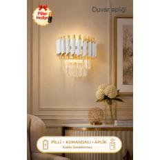 Palmira Prizma Kesim Kristal Taşlı PİLLİ KUMANDALI Lüks Aplik - ( Beyaz - Gold)