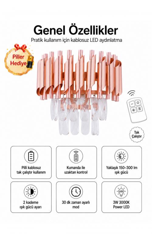 Palmira Prizma Kesim Kristal Taşlı PİLLİ KUMANDALI Lüks Aplik - ( Rose Gold)