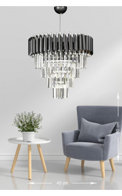 Avizemoda Palmira 45'lik Kristal Taşlı Lüks Avize - (siyah-krom)