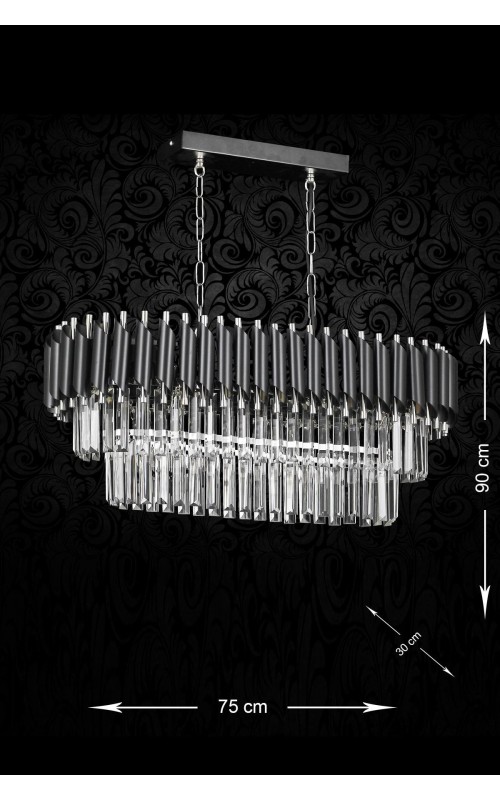 Avizemoda Palmira 75x35 Cm Kristal Taşlı Lüks Yemek Masası Üstü Avize 6'lı - (SİYAH-KROM)