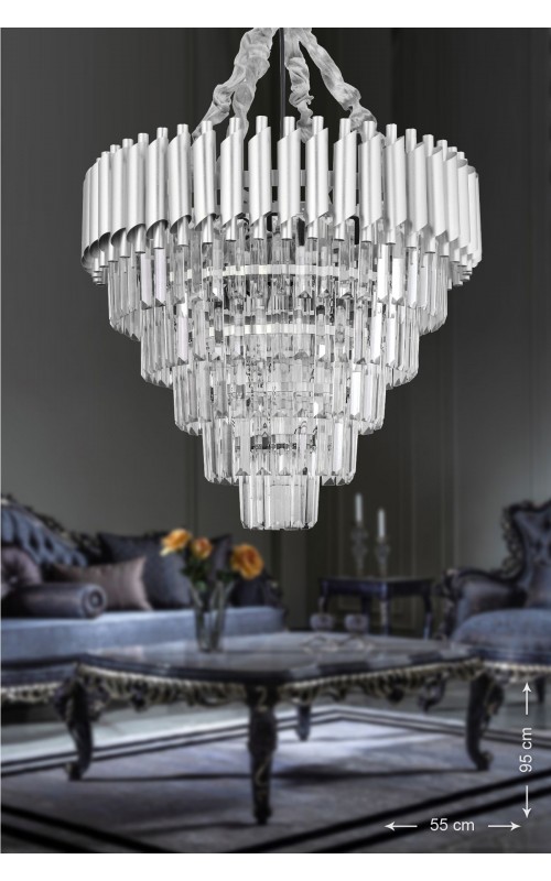 Avizemoda Palmira 55'lik Kristal Taşlı Lüks Avize - (gümüş-yaldız)