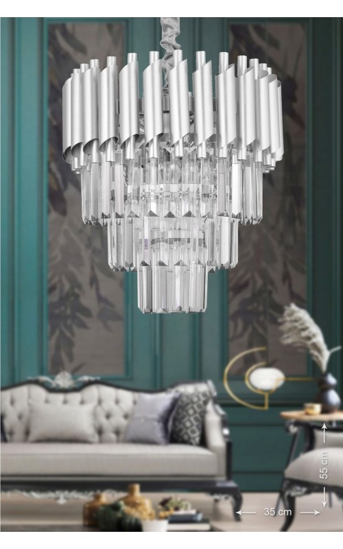 Avizemoda Palmira 35'lik Kristal Taşlı Lüks Avize - (gümüş-yaldız)