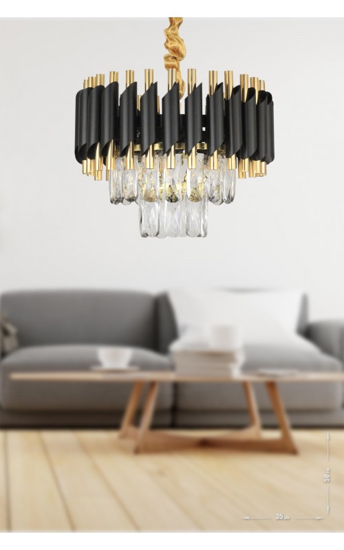 Avizemoda Palmira 35'lik Prizma Kesim Kristal Taşlı Lüks Avize - ( Siyah - Gold )