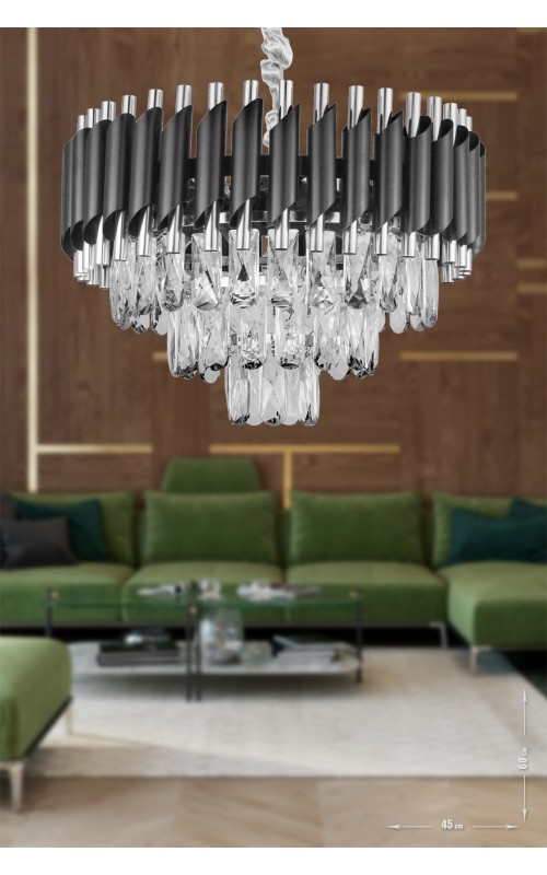 Avizemoda Palmira 45'lik Prizma Kesim Kristal Taşlı Lüks Avize - (siyah-krom)