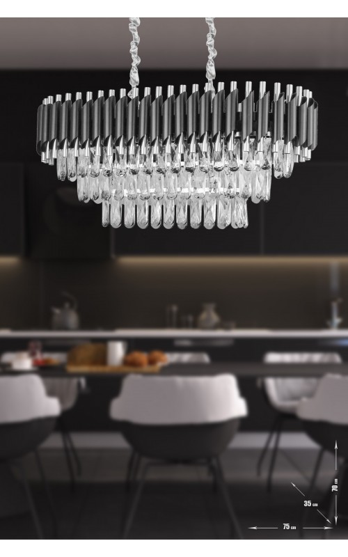 Avizemoda Palmira 75x35 Cm'lik 3 Katlı Prizma Kesim Kristal Taşlı Lüks Avize 6'lı - (siyah-krom)