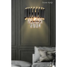 Avizemoda Palmira Prizma Kesim Kristal Taşlı Lüks Aplik - (SİYAH-GOLD)