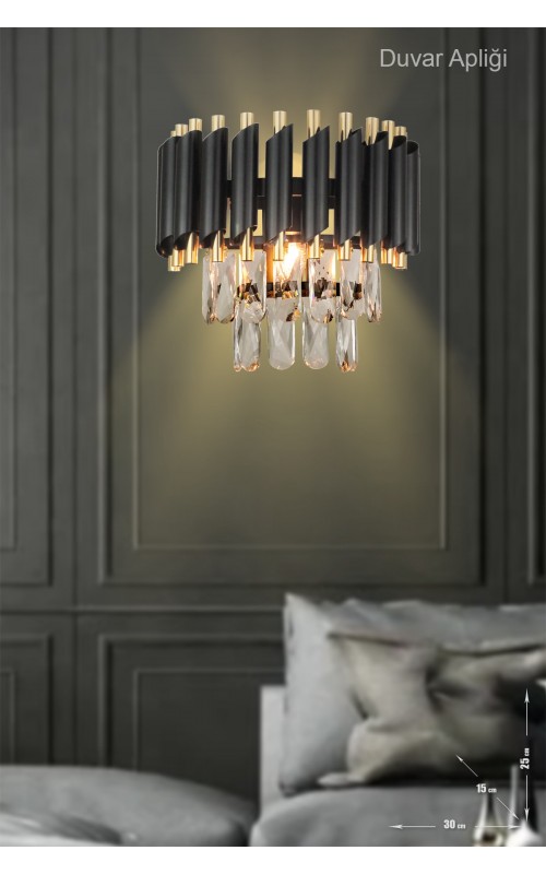 Avizemoda Palmira Prizma Kesim Kristal Taşlı Lüks Aplik - (SİYAH-GOLD)