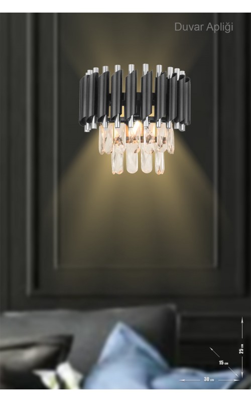 Avizemoda Palmira Prizma Kesim Kristal Taşlı Lüks Aplik - ( Siyah - Krom )