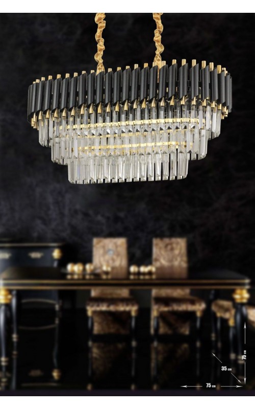 Avizemoda Palmira 75x35 Cm Kristal Taşlı 3 Katlı Lüks Yemek Masası Üstü Avize 6'lı - (siyah-gold)