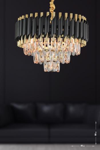 Avizemoda Palmira 45'lik Prizma Kesim Kristal Taşlı Lüks Avize - (siyah-gold)