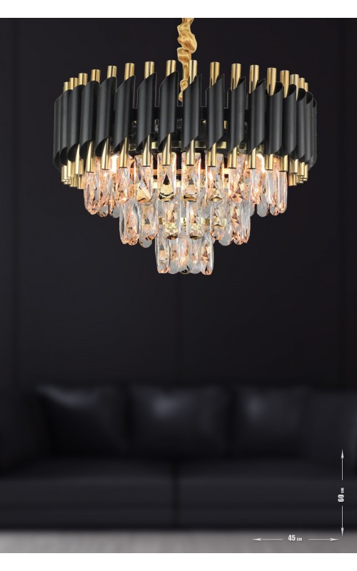 Avizemoda Palmira 45'lik Prizma Kesim Kristal Taşlı Lüks Avize - (siyah-gold)