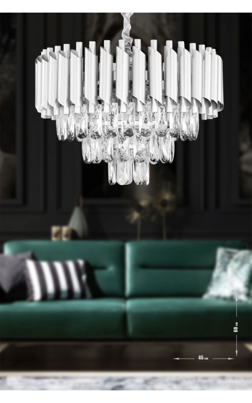 Avizemoda Palmira 45'lik Prizma Kesim Kristal Taşlı Lüks Avize - (gümüş-yaldız)