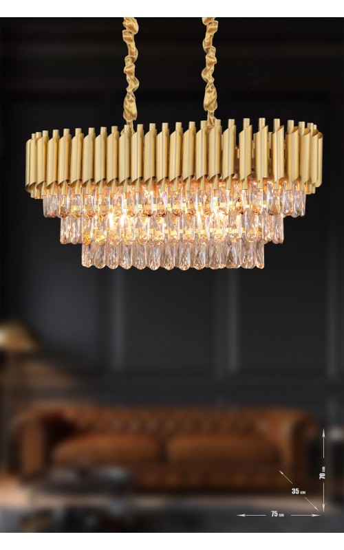 Avizemoda Palmira 75x35 Cm'lik 3 Katlı Prizma Kesim Kristal Taşlı Lüks Avize 6'lı - (sarı-yaldız)