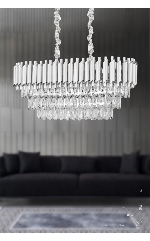 Avizemoda Palmira 75x35 Cm'lik 3 Katlı Prizma Kesim Kristal Taşlı Lüks Avize 6'lı - (gümüş-yaldız)