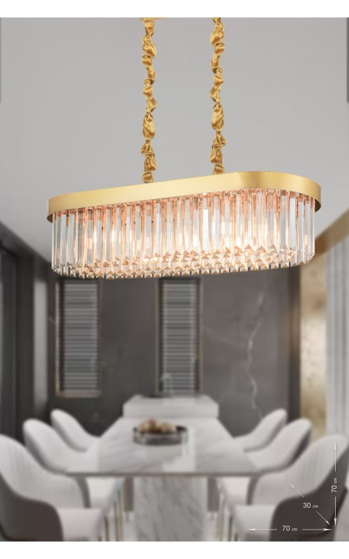 Avizemoda Desina 70x30'luk Kristal Taşlı Lüks Yemek Masası Üstü Avize - (sarı-yaldız)