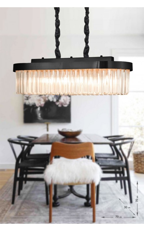 Avizemoda Desina 70x30'luk Kristal Taşlı Lüks Yemek Masası Üstü Avize - (siyah)