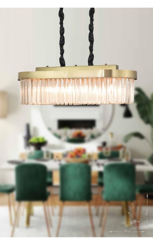 Avizemoda Desina 70x30'luk Kristal Taşlı Lüks Yemek Masası Üstü Avize - (eskitme Kaplama)